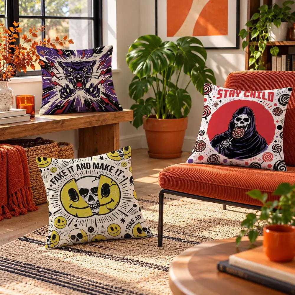 art Beast Skull Badge Cushion Cover Short Plush Throw Pillow Cover Soft Cozy Cushion Case for Sofa Bedroom Home Decor Gift