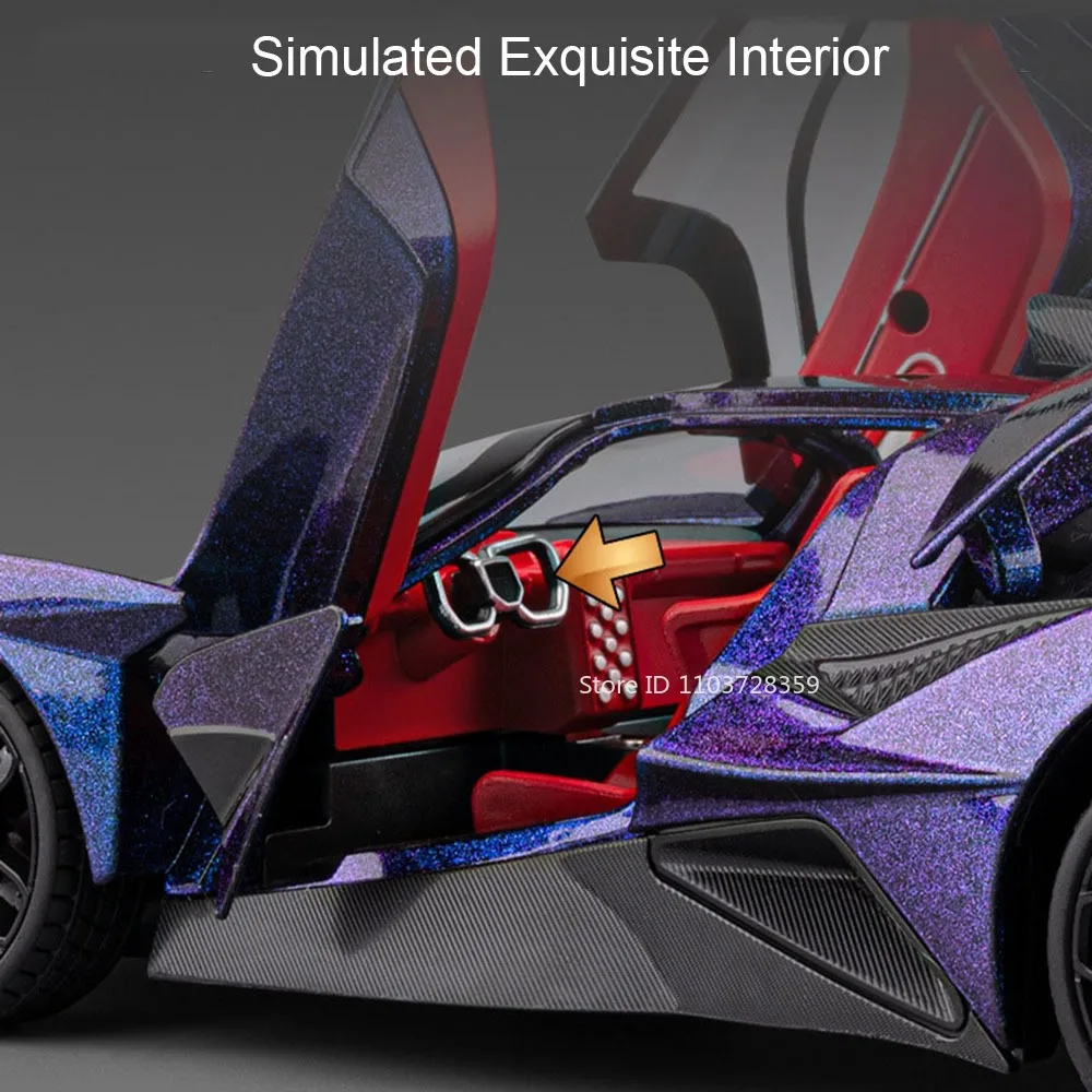 Modelos de supercoche EVO 720S a escala 1:18, adorno de Metal fundido a presión, puertas de coches deportivos, luz de sonido abierta, regalos para niños