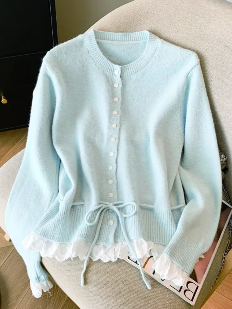 

Slimming Long Sve Knitted Open Cardigan Women's Early Autumn Waist Cinched Belted Lace Trim Self-Kept Sle Korean Version