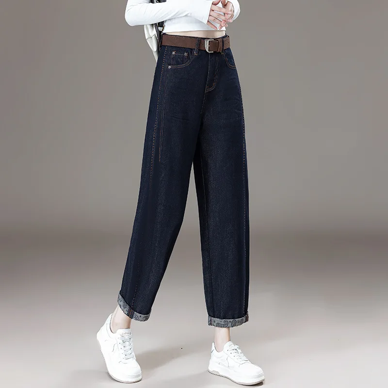 موضة فضفاضة التخسيس تنوعا واسعة الساق الجينز الخريف تصميم جديد الشعور بسيط تنوعا توالت هيم واسعة الساق السراويل العصرية #2