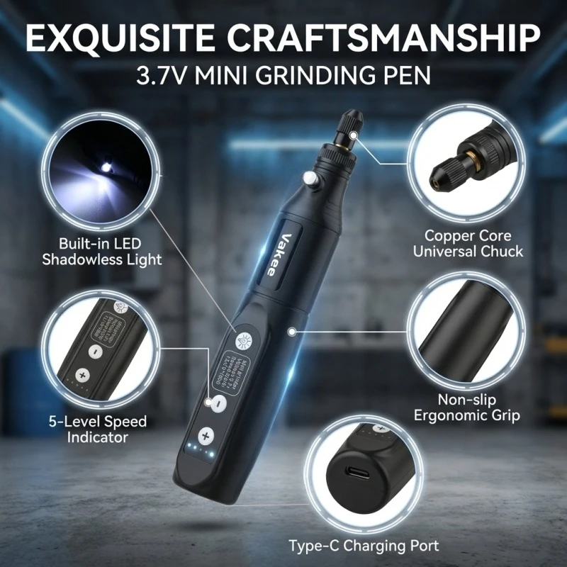 Vakee 5-Speed Adjustable Cordless Rotary Tool Kit, 3.7V Type-C Rechargeable Mini Grinder Pen, 2000mAh for Grinding Polishing Eng image 3