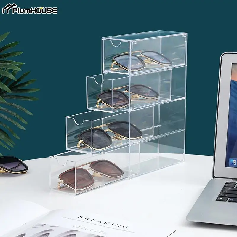 Glasses Storage Box 4 Layers Large Glasses Organizer Box Multifunctional Stackable Acrylic Display Holder Cosmetics Drawer Case