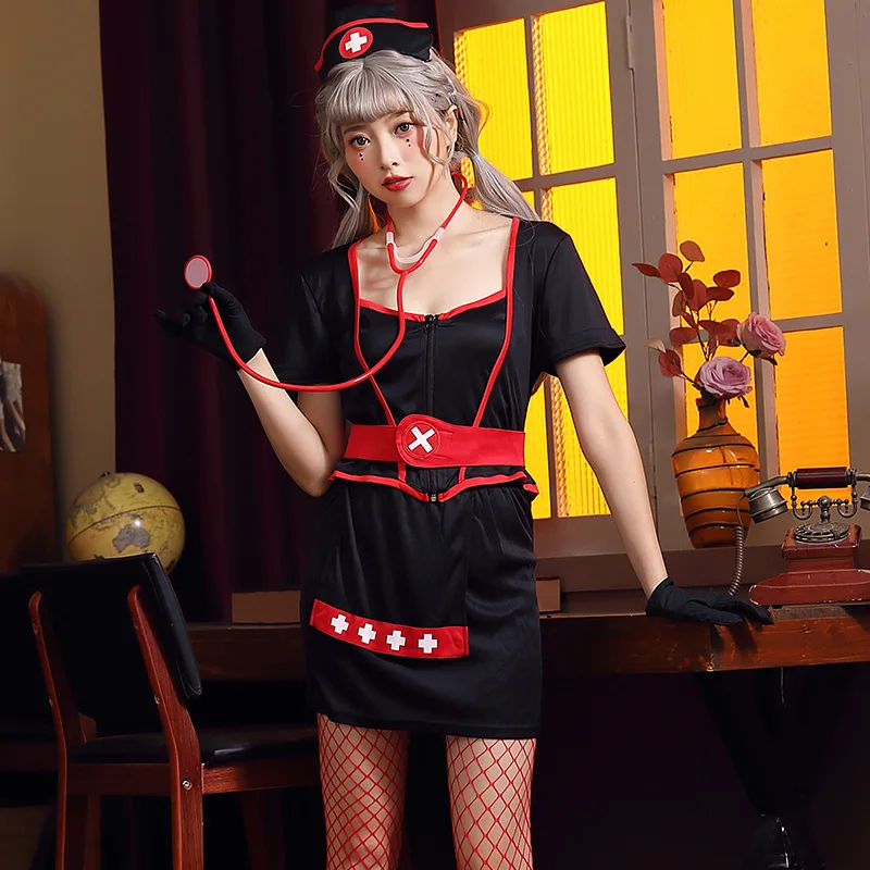 

Black Nurse Uniform Set Cosplay Costume For Girl Woman Halloween Game Stage Bar Nurse Skirt Costume Cosplay