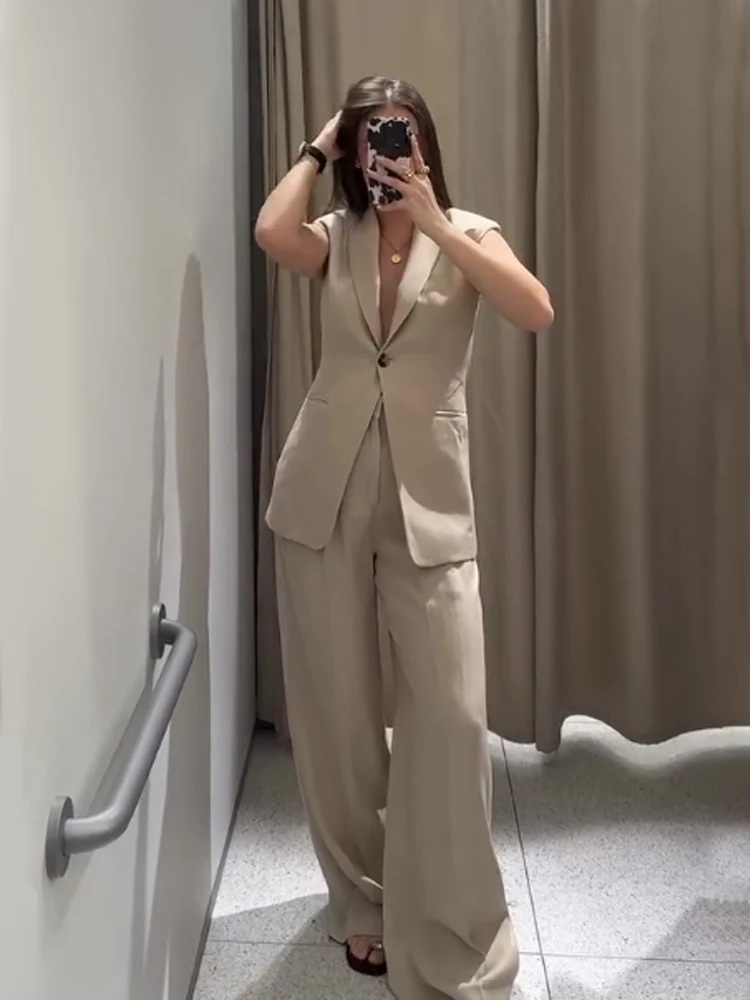 

HH Женский брючный костюм Модный жилет с лацканами и искусственным карманом на одной пуговице Топ + повседневный топ с высокой талией и боковым карманом на молнии Шикарные широкие брюки