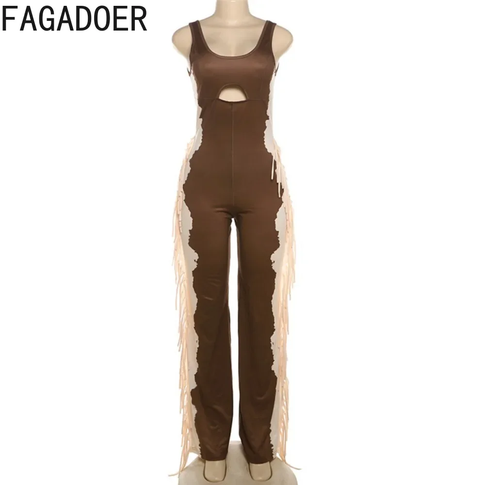 FAGADOER Fashion Color Stitching Hollow Out Tassels Jumpsuits Women Round Neck Sleeveless Backless Playsuits Female Overall 2024