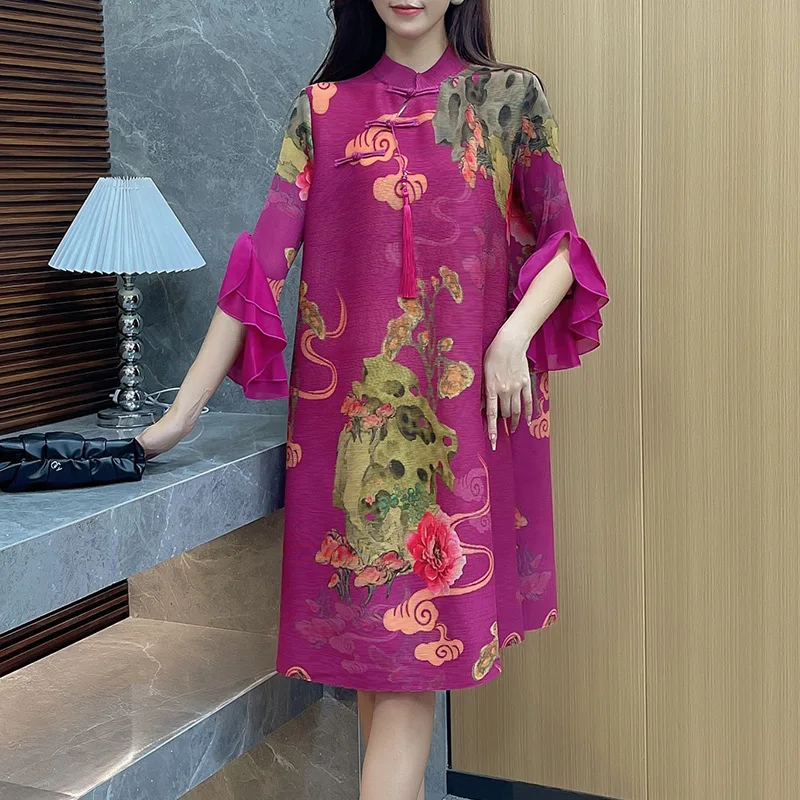 

2025 New Top Quality ISSEYS MIYAKES Printed Ruffle Sleeve Midi Dress Vintage Plate Button Pressure Pleat Dress