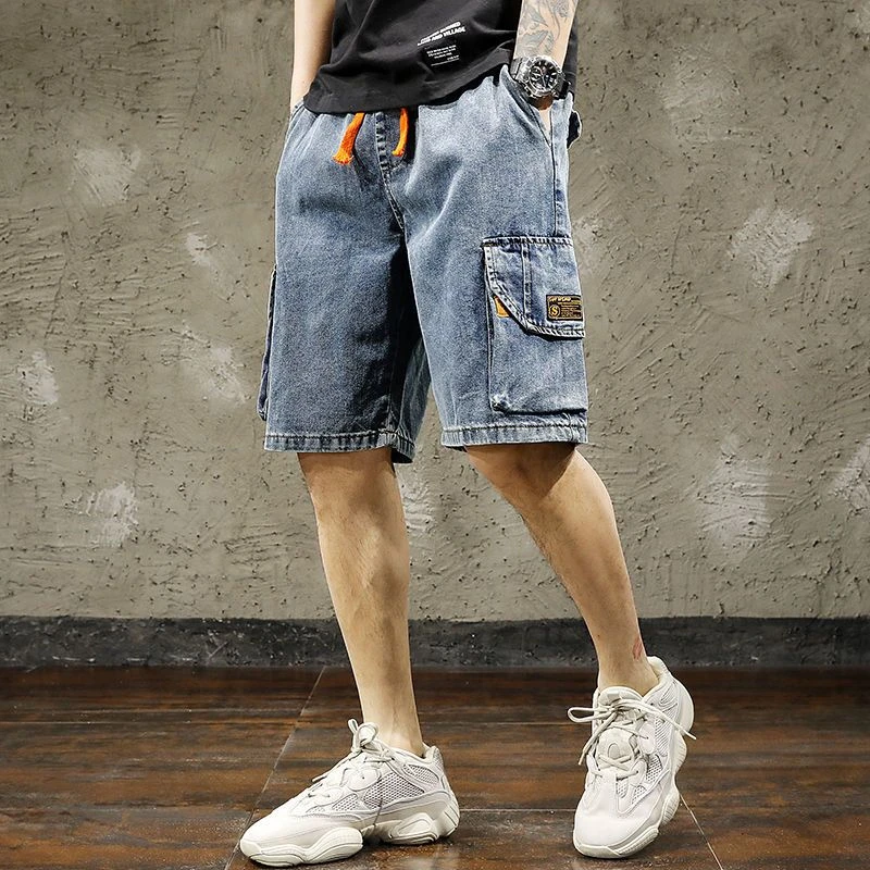 With Pockets Bermuda Man Denim Shorts Cargo Summer Short Jeans Pants for Men Cut Thin Harajuku Xl Korean Fashion Buttons Retro