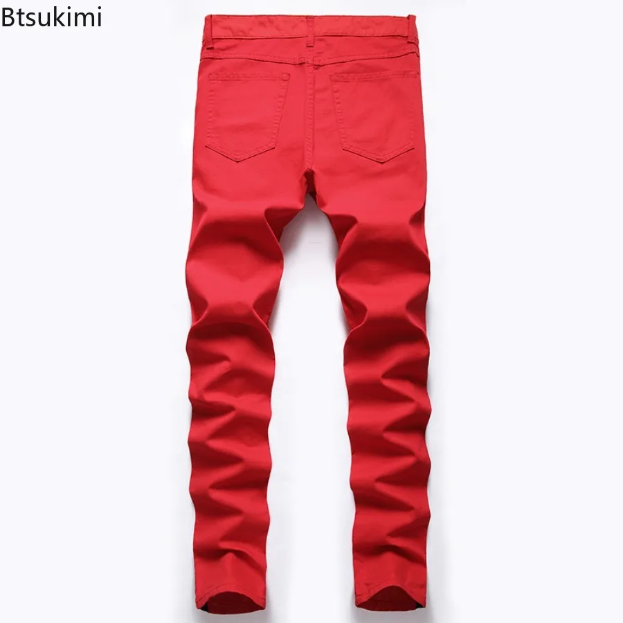 2025 New Men's Jeans Fashion Slim Fit Elastic Solid Casual Trousers Y2k Streetwear Hip Hop Broken Holes Denim Pants Oversized 46