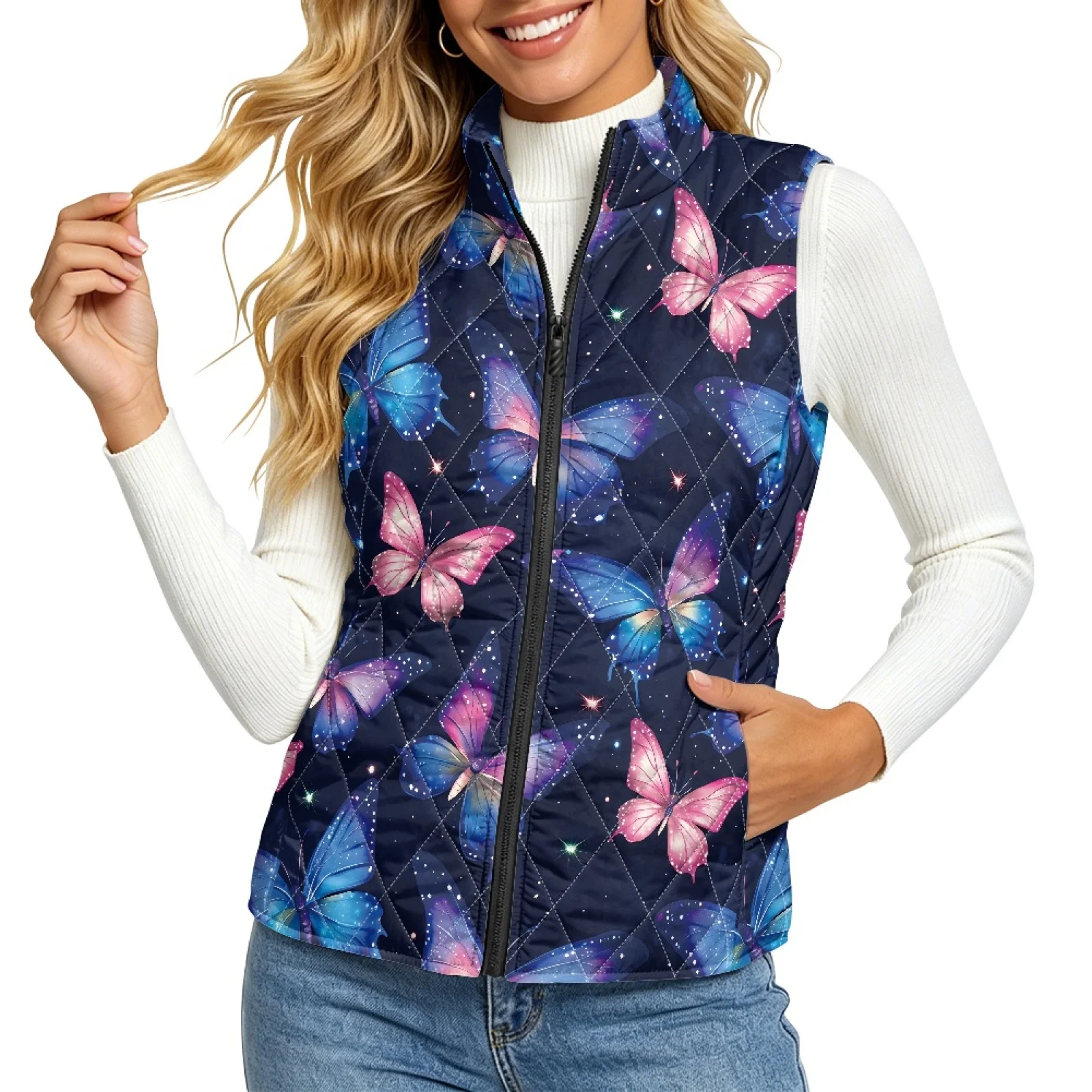 PENSTROLL Butterflies Padded Gilet Casual Lightweight Quilted Waistcoat Zip up Quilted Vest for Cold Weather