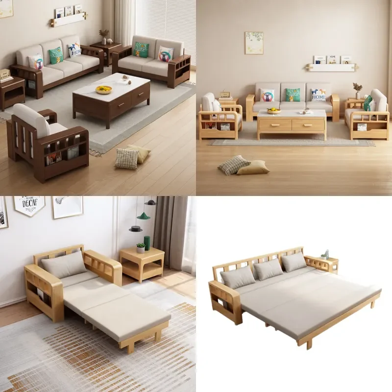 Simple Deformed Solid Wood Sofa Bed Multi-functional Living Room Couch for Small Apartment Multi-person Convertible Sleeper