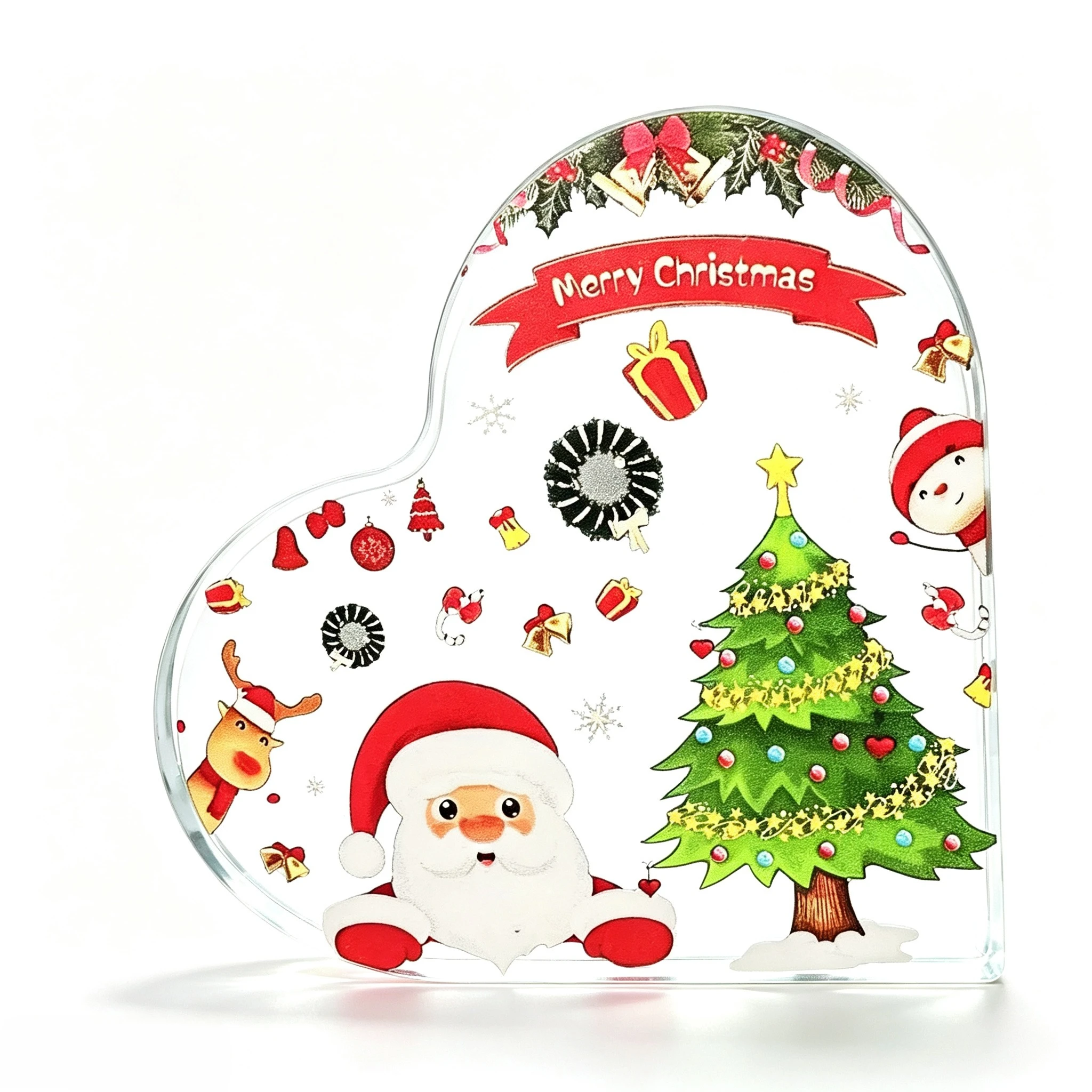 Heart Shape Acrylic Sign, Merry Christmas Desktop Ornament, Santa Reindeer Snowman Christmas Tree Gift Bell Table Decor, Cartoon Xmas Home Holiday Gift, 2D Flat