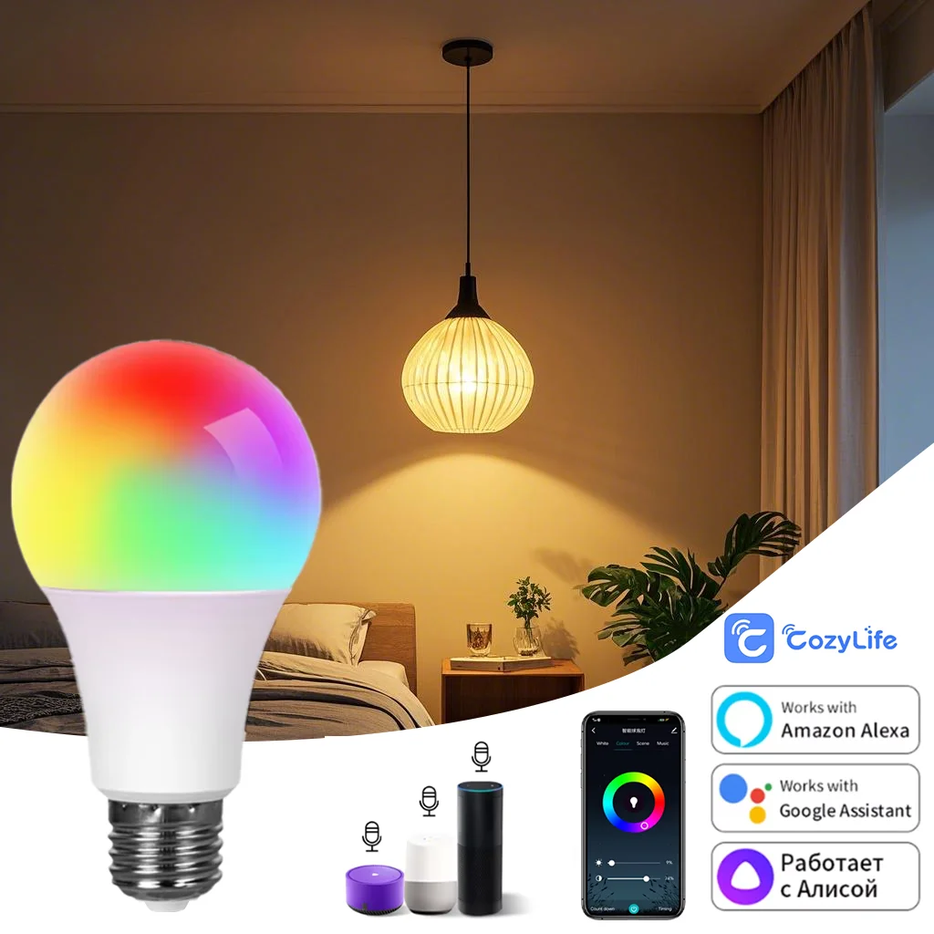 CozyLife E27 WIFI Smart Bulb 85-265V RGB Colour Adjustment Timer Switch Support Alexa Google Home Voice Control Indoor Lighting