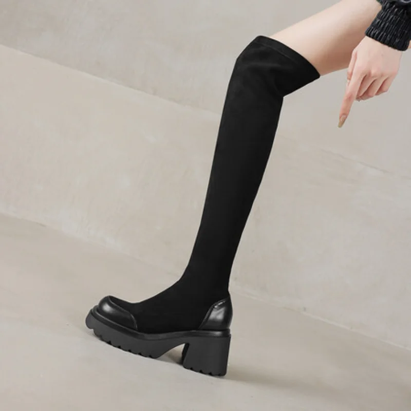 Botas elásticas por encima De la rodilla para Mujer, estilo callejero, Otoño Invierno, tacón grueso, Botas largas concisas para Mujer 2025