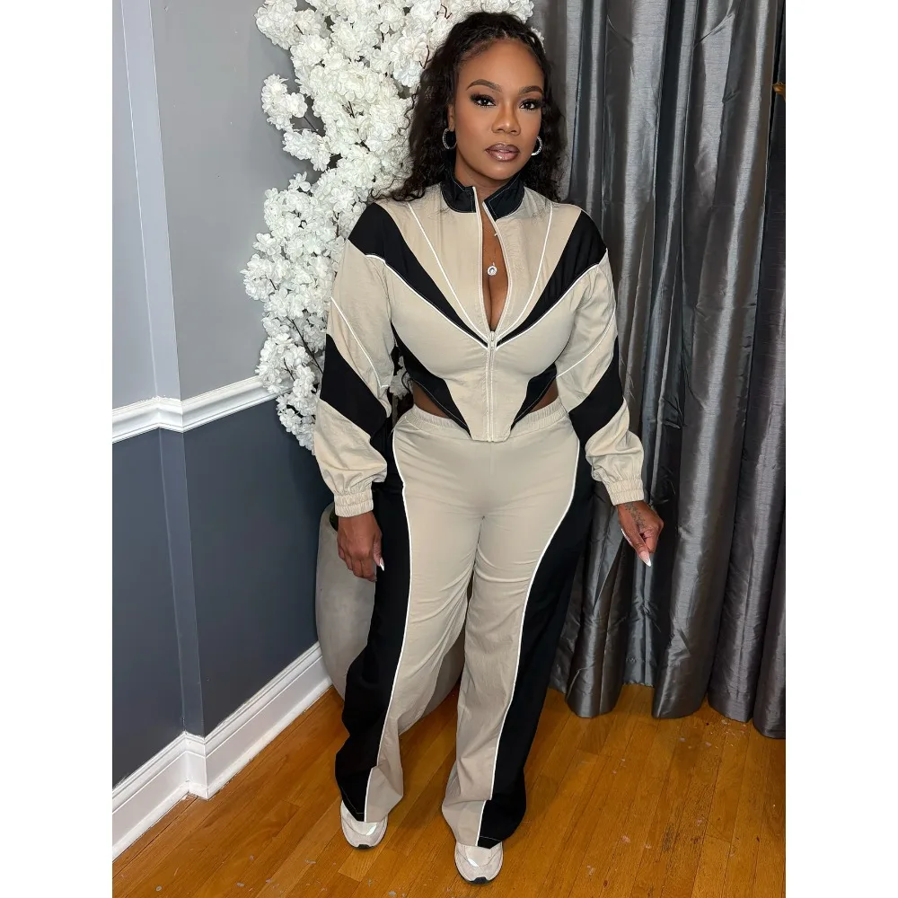 

FLARORA Fashion Stripe Patchwork 2 Piece Sets Woman Long Sleeve Zipper Crop Jackets And Pants Suits Autumn New Street Tracksuits