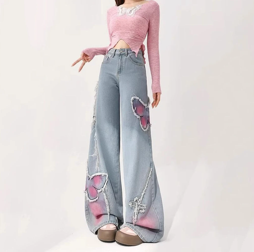 American Retro High Street Bow Fringed Jeans For Women Spring Autumn High Waisted Loose Straight Leg Casual Wide Leg Pants