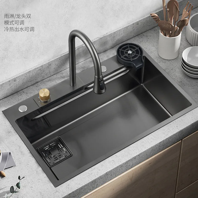 Feiyu Waterfall Sink, Basin in Basin, Drain Basket, Kitchen, Stainless Steel Handmade Nano Single Tank Vegetable Wash Basin