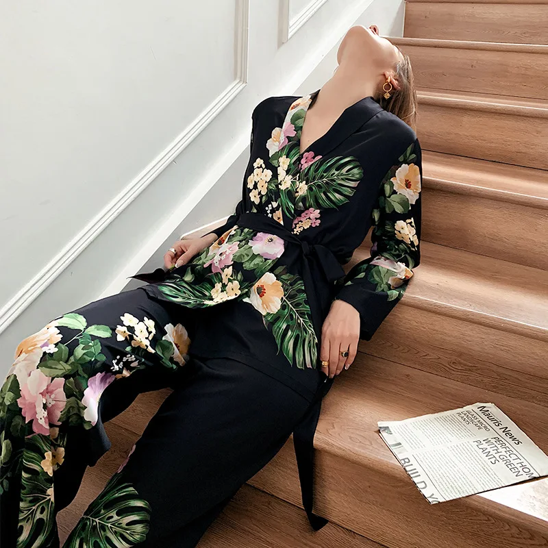 

Black Print Flower Pajamas Set Women Long Sleeve Trouser Suits Sleepwear Spring Silk Satin Nightwear French Elegant Home Wear