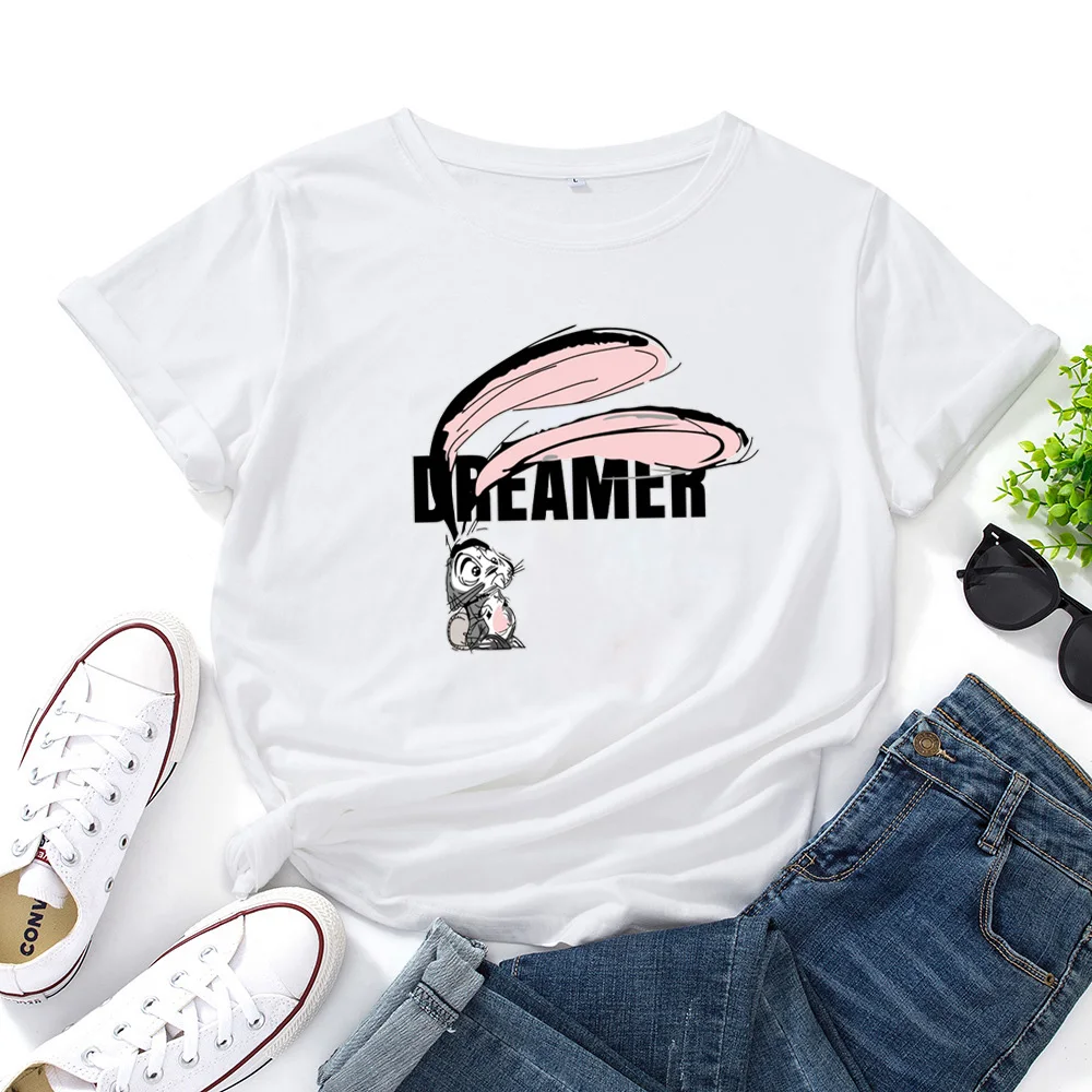 Femme Top Casual Loose Women Tshirt DREAMER Woman T-shirt Rabbit Graphic Print Tshirt Women Lightweight Comfortable T Shirt