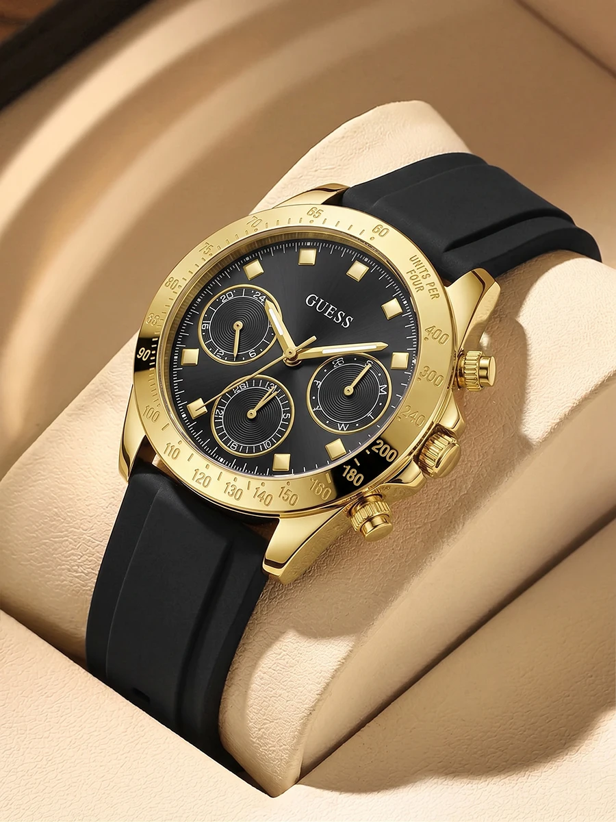 Reloj de Cuarzo para Mujer Guess GW0315L1, Nuevo, de Lujo, Multifunción, Esfera Negra, Caja Dorada, Correa de Silicona, Resistente al Agua, Relojes de Pulsera Modernos