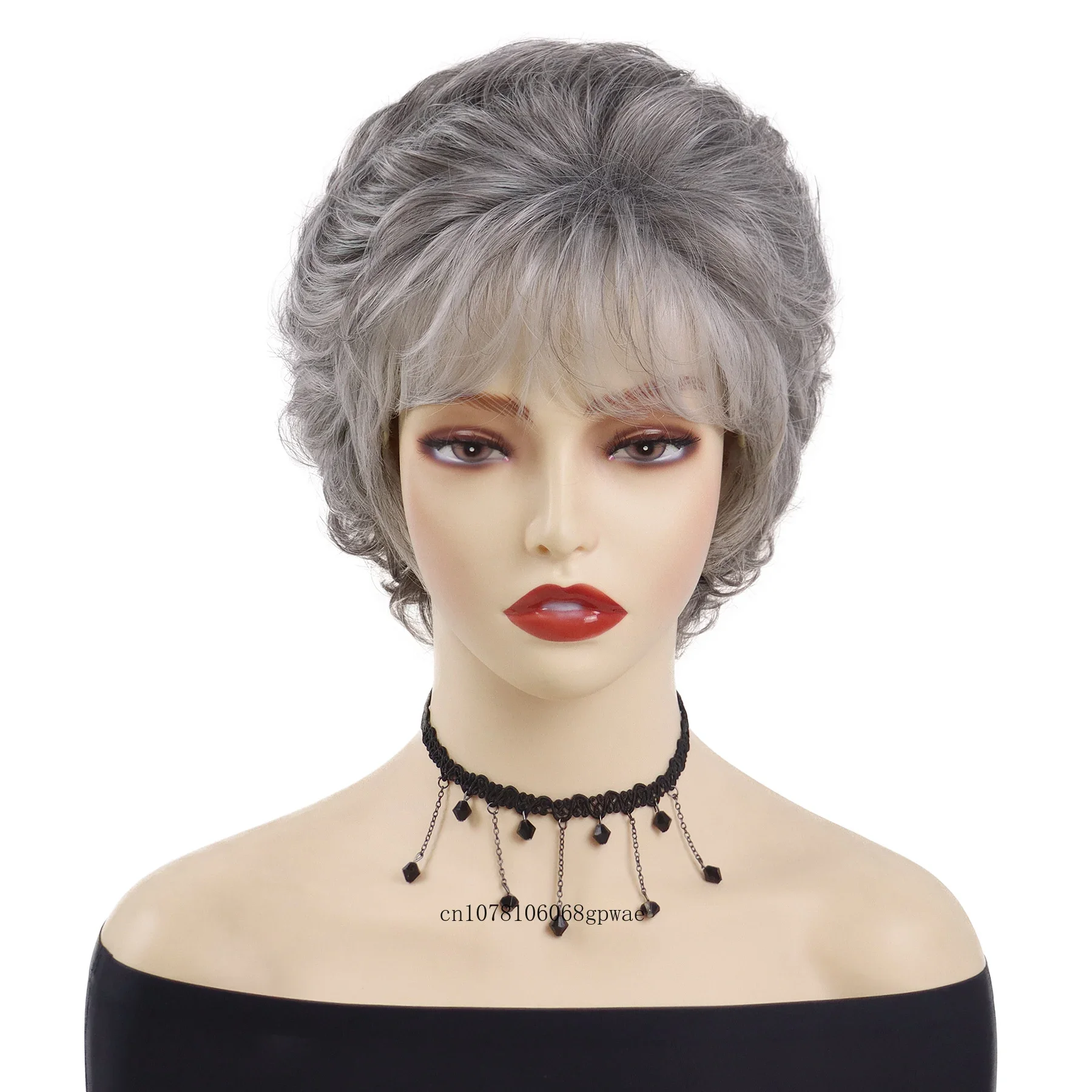 Synthetic Grandma Old Lady Wigs Ombre Grey Hair Wig for Women Short Curly Wig with Bangs Heat Resistant Cosplay Costume Party