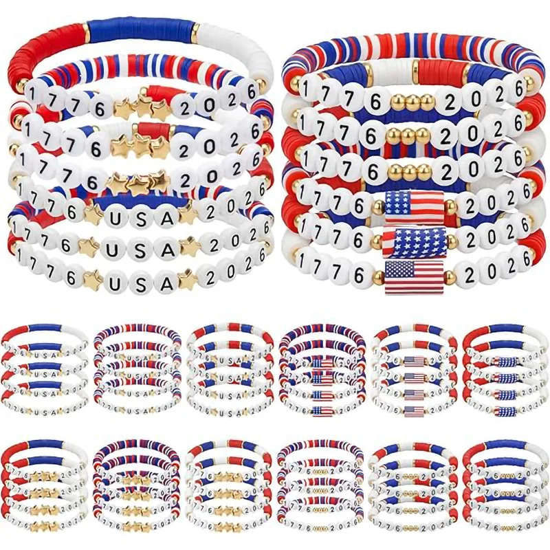 Hot-selling new American Independence Day flag red, white and blue soft pottery bracelet set handmade elastic bracelet factory d