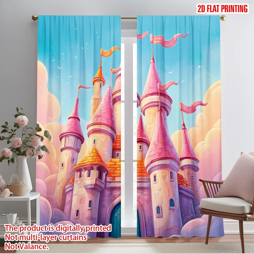 

2pcs 2D flat printing Window Curtains Fantasy Castle Fabric Without Electricity Festive Curtains Perfect for Yard & Garden No