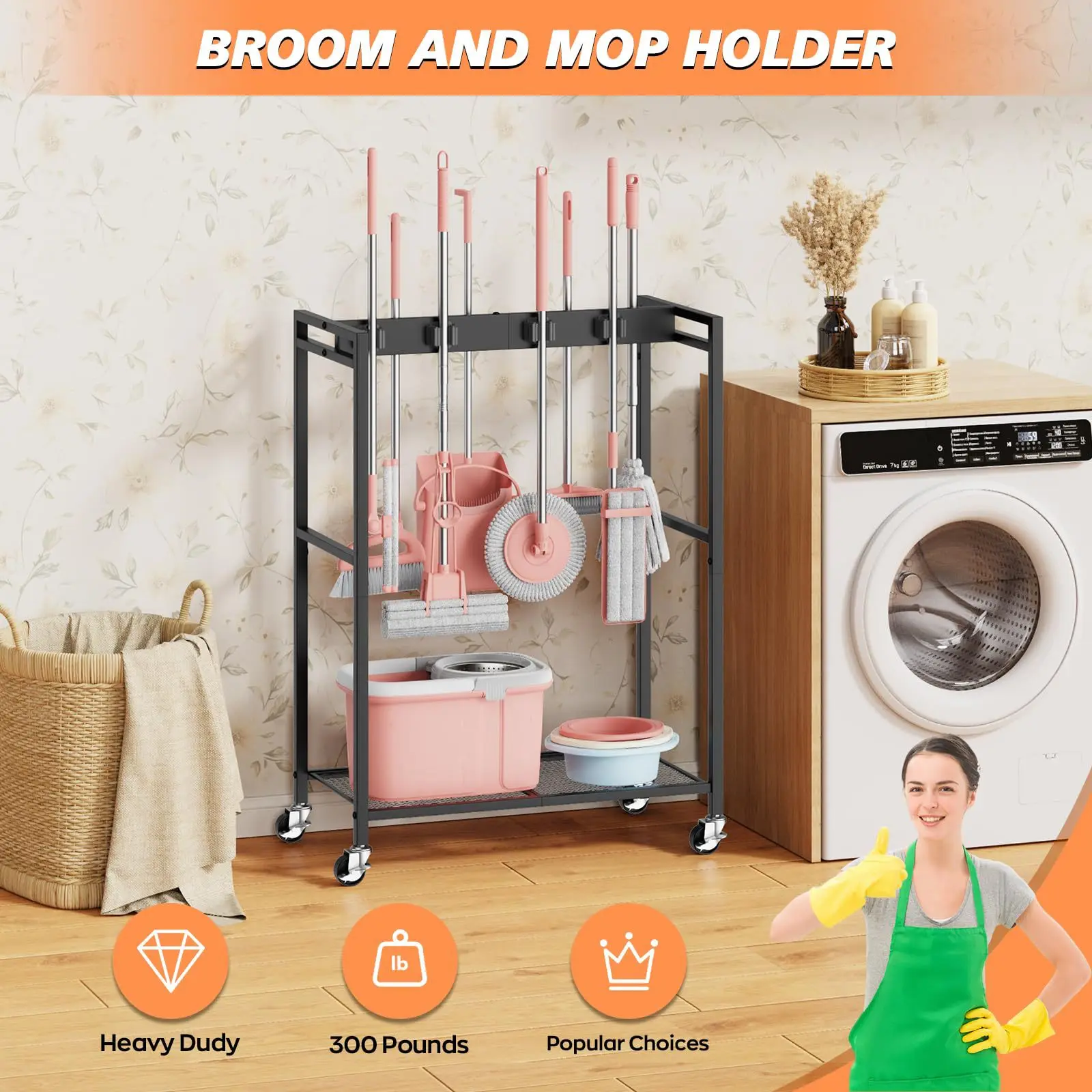 Living room & bedroom cleaning tools: broom & dustpan set with wheels for easy storage and transport