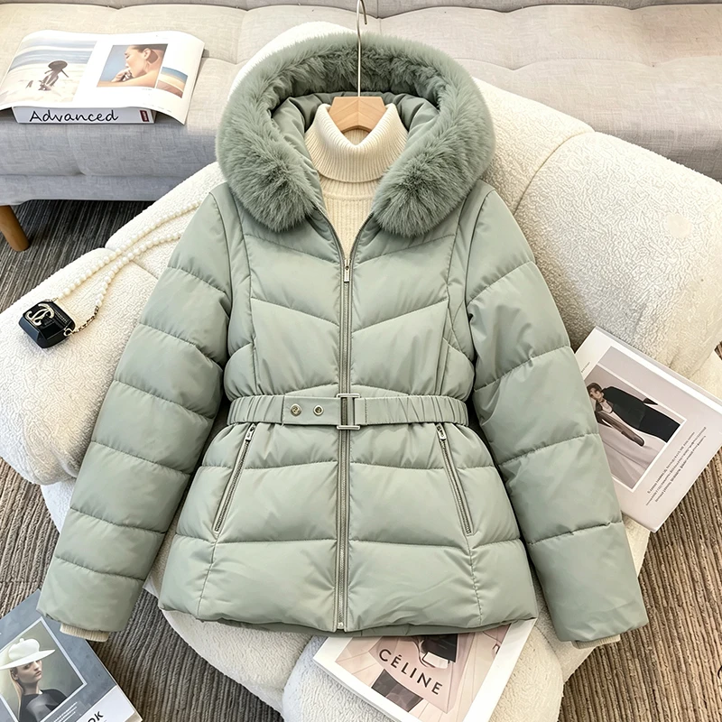 2026 Women's 2-in-1 Hooded Parka Jacket with Detachable Sleeves Faux Fur Trim Belted Waist Warm Winter Outerwear Zipper Coats