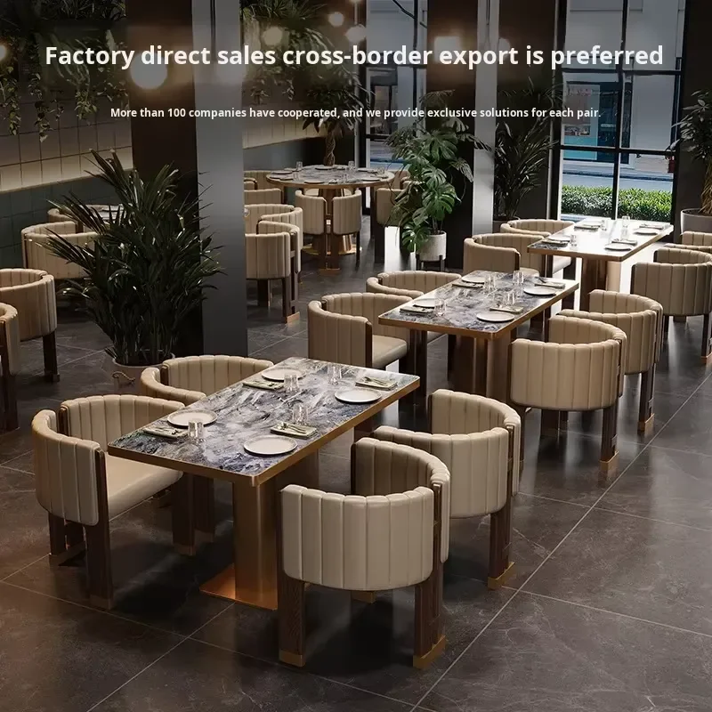 Custom Modern Western Restaurant Rectangular Dining Table Chair Set with Stone Top Steel Frame Hotel Milk Coffee