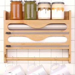 Bamboo 2-Compartment Storage Box with Wall-Mounted Paper Towel Holder & Cutter - Foil & Plastic Wrap Organizer for Kitchen