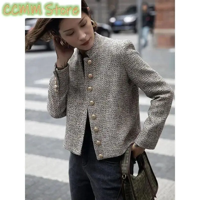 Spring Autumn Women's Coarse Flower Nimi Camel Color Short Coat Female Fashion Stand-up collar Single Breasted Overcoat