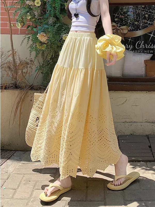 Falda de tul verde antienvejecimiento con diseño hueco para mujer, primavera-verano, estilo drapeado, línea A, súper hermosa, elegante, falda amplia tipo paraguas