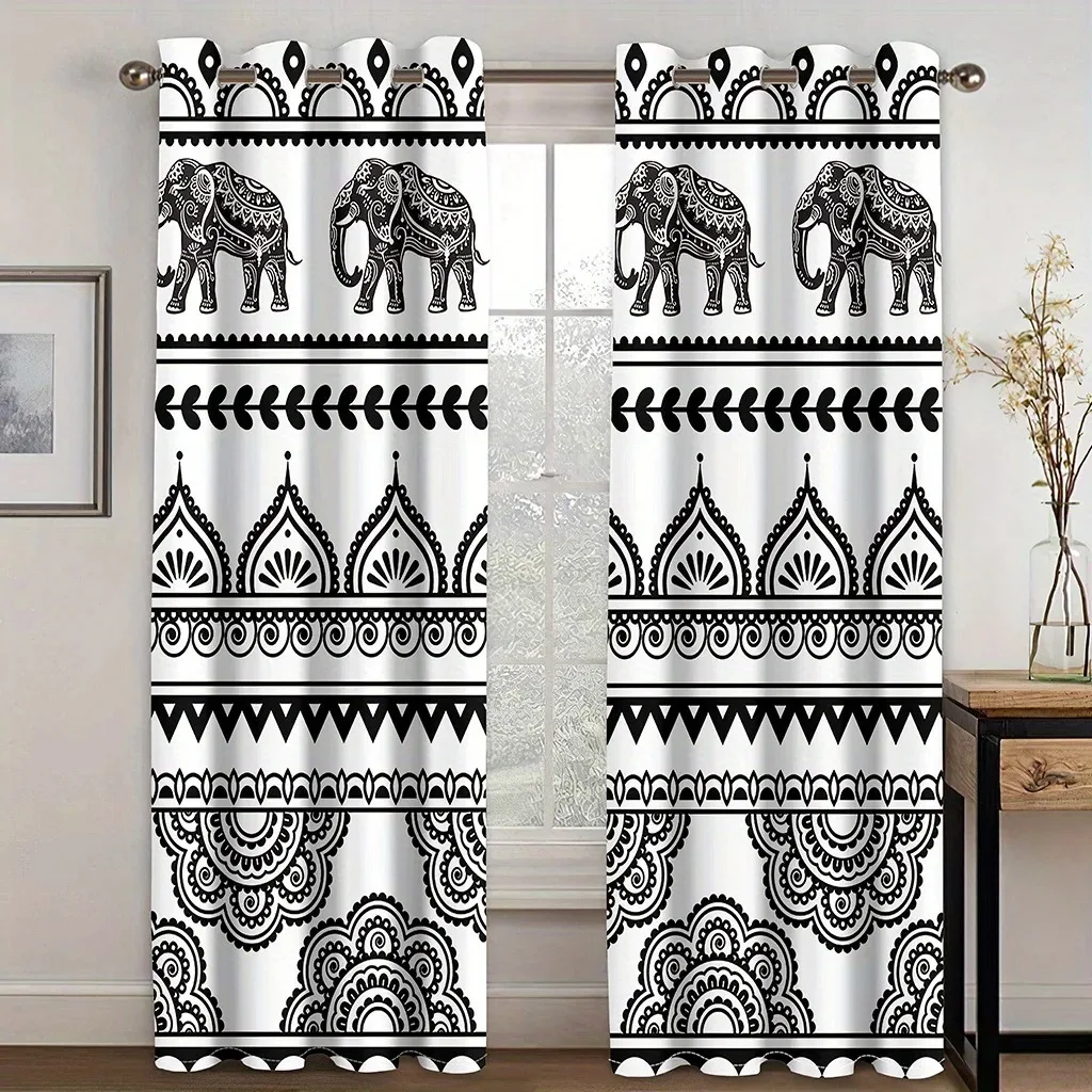 2pcs Boho Curtains Bohemian Hippie Art Theme Window Drapes With Mandala Animal Elephant Pattern Curtain for Bedroom Living Room