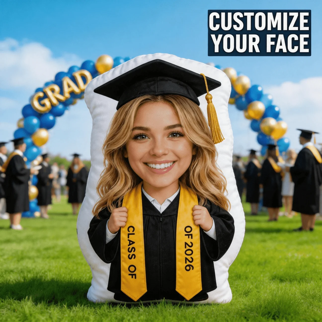 Custom Photo Graduation Shaped Pillow, Personalized Face with Cap and Gown Decorative Cushion, 60cm Large Size Accent Pillow for
