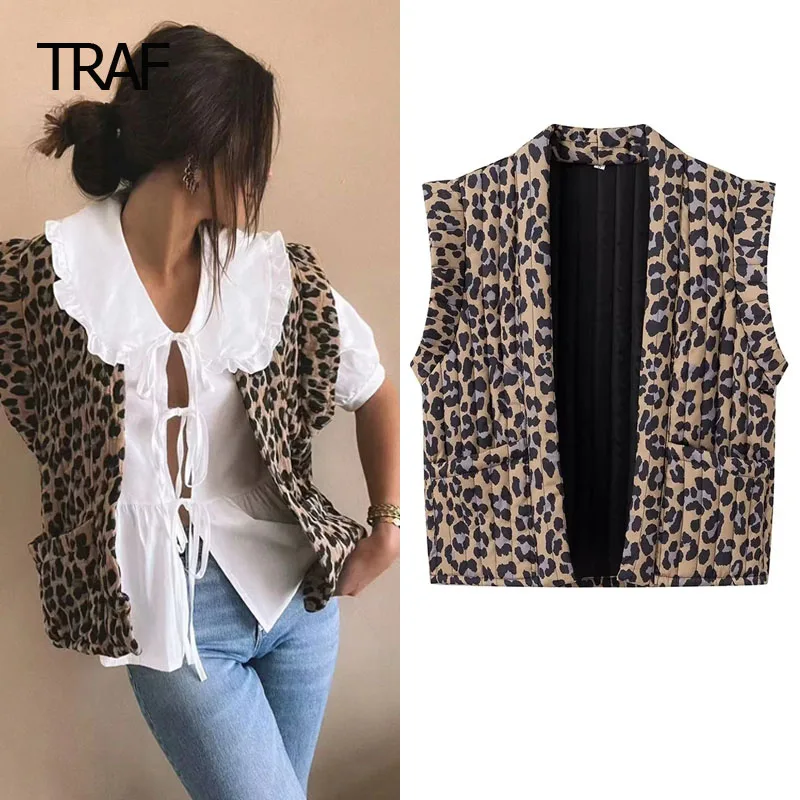 TRAF Leopard Print Waistcoat Women's Vest Spring 2024 V-Neck Short Sleeve Cardigan New In Outerwears Elegant Fashion Ladies Vest