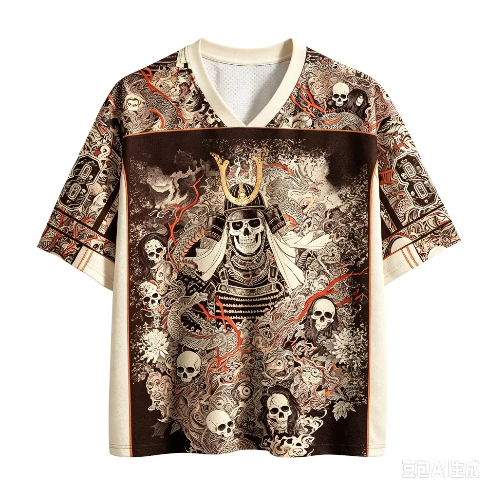 Retro Japanisches Ukiyo-e Samurai-Schädel-Drachen Schnelltrocknend Atmungsaktiv 3D-Druck Herren V-Ausschnitt T-Shirt Street Fashion Hip-Hop Y2K Eltern-Kind – Detail 6