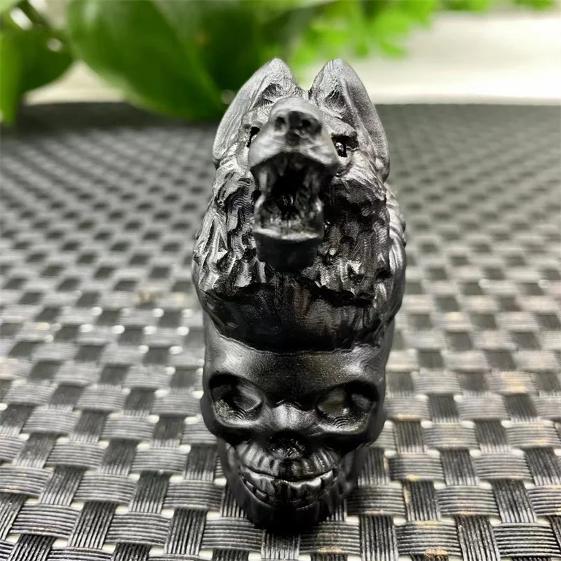 Natural Black Obsidian Wolf Head Skull Crystal Animal Carved Reiki Healing Stone Figurine Home Ornaments Decor Gift 1pcs