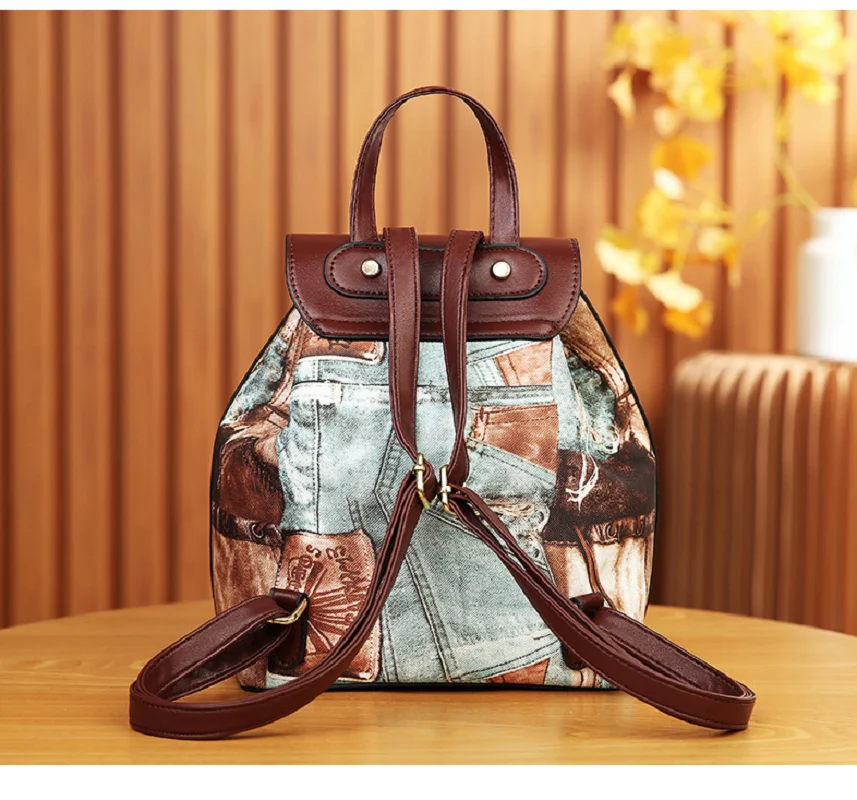 New Arrival Women's Fashion Printing Soft Leather Backpacks Large Capacity Travel Shoulder Bags Totes Crossbody Backpack