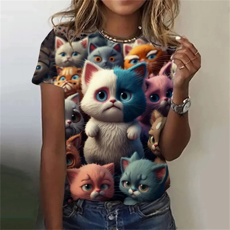 Fashion Women\'s T-shirt 3D Printed Kawaii Cat Pattern Short Sleeved Round neck Top Summer Outdoor Casual Street Simple Clothing