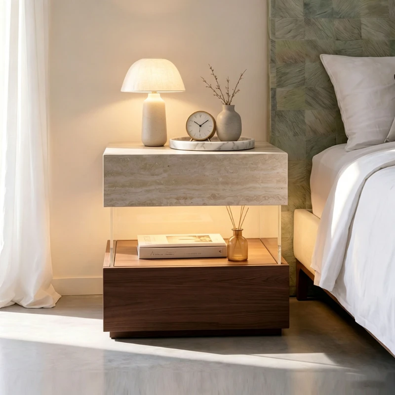 Modern minimalist bedside cabinet solid wood travertine texture light luxury suspension