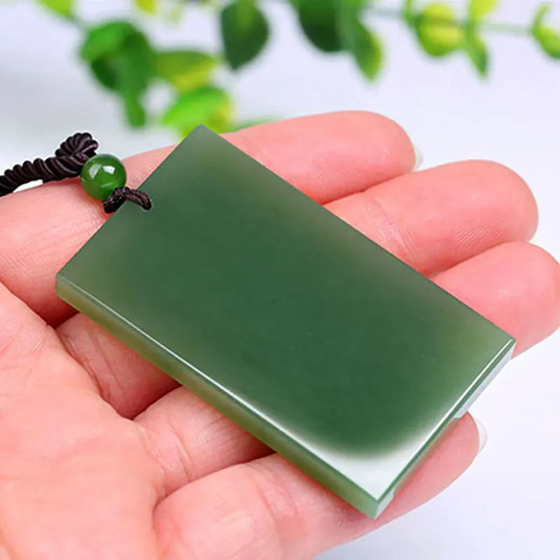 

Hotan Jasper No Worries Men, Square Jade Pendant in Spinach Green A Grade