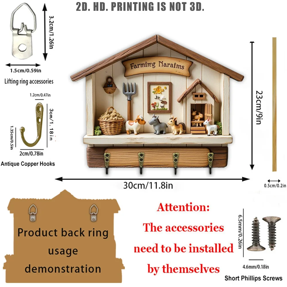 2D Flat, 1pc, Farmhouse-Style Key Hook, Wooden Multifunctional Home Key Hook with Four Metal Hooks, Wall Decoration, Porch