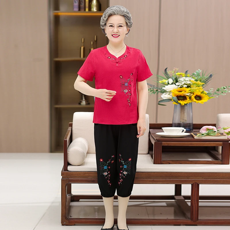 

Mom's Summer Three-quarter Sleeve Cotton and Linen Two-piece Suit Female Middle-aged and Elderly Spring and Summer T-shirt Top