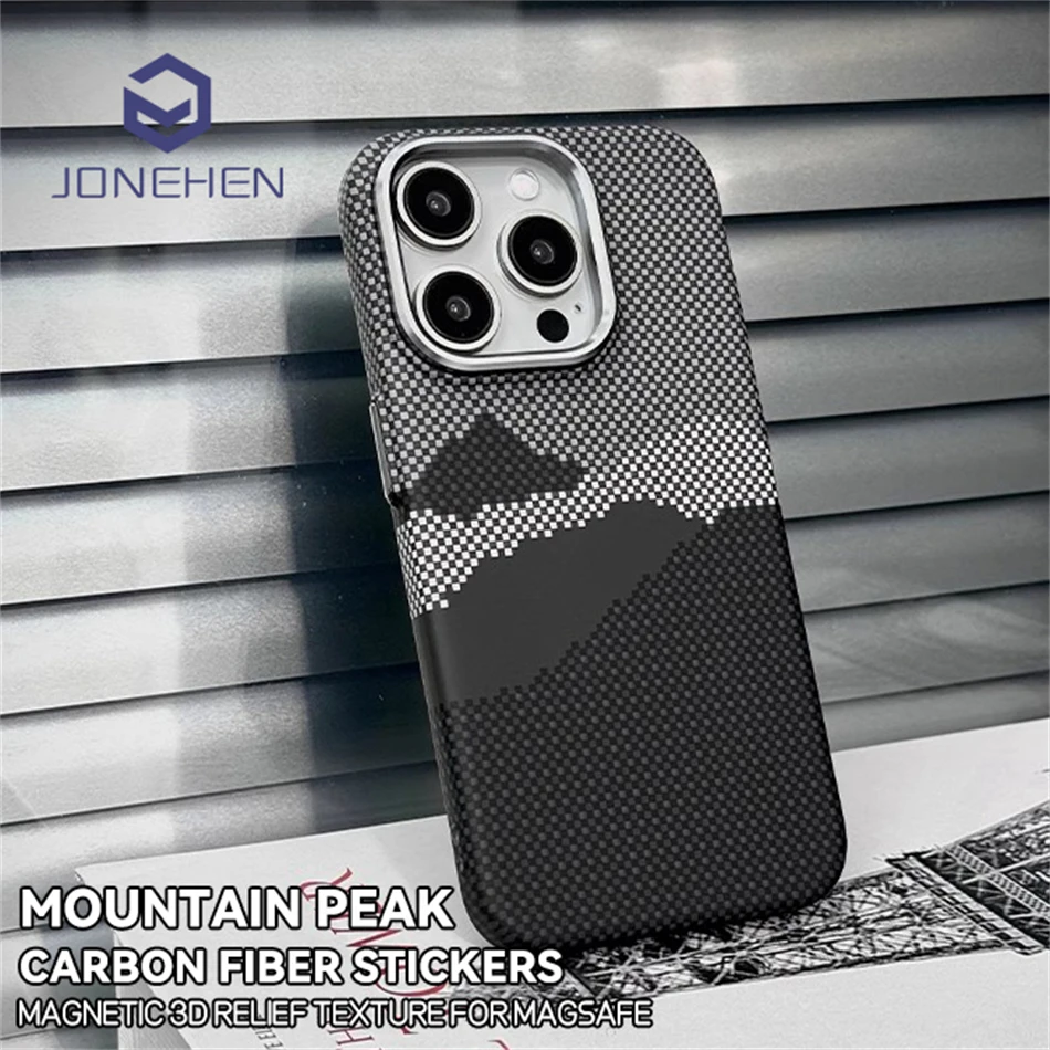 Luxury Alloy Lens 3D Relief Peak Carbon Fibre Pattern Case For iPhone 13 14 15 16 Pro Max Slim Shockproof PC Cover For Magsafe