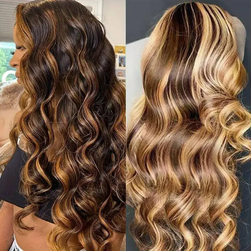 ハイライトオンブレレースフロントウィッグ人毛13x4ボディウェーブp4-27ハニーブロンドhdレースフロントウィッグ人毛プレプラッキング済み180-ソフト