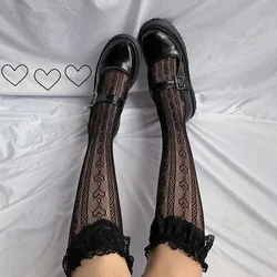 Calcetines hasta la rodilla para mujer y niña, medias hasta la rodilla, estilo Harajuku, Lolita, negro, blanco, lazo, volantes, encaje, Princesa, estudiante japonés