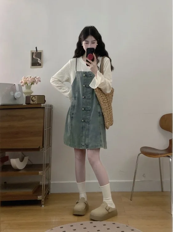 

plus Size Denim Patchwork Dress Stylish Slimming Design Casual Commute Style Long Skirt Korean Version Loose Fit Autumn Wear