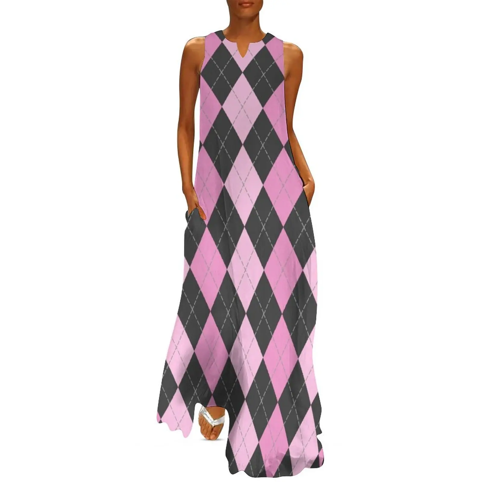 Pink and Gray Argyle Pattern Long Dress birthday dresses for women luxury woman party dress Dress