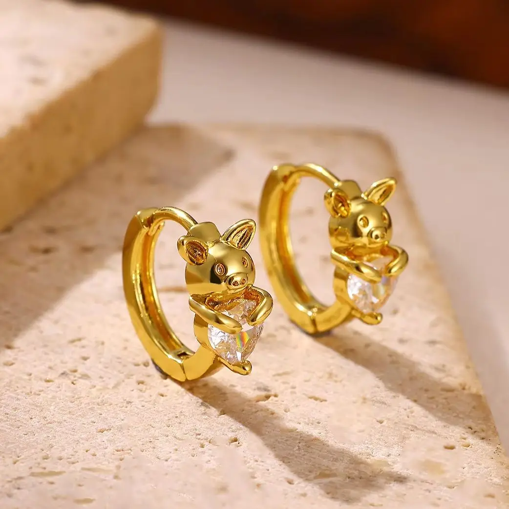 Niedliche Schweinchen-Creolen für Frauen, Herzförmige Zirkon-Ohrringe, Trendiger Ästhetischer Schmuck, Pendientes Mujer