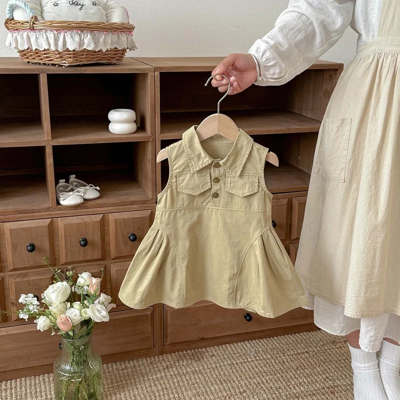 

Children's Clothing2026Summer new sleeveless dress for girls, baby fashion design shirt-style work dress, tank dress